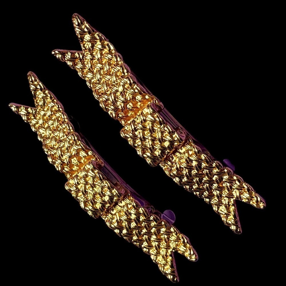 VTG Barrette Pair Gold-Tone Metal Woven Texture Bow Hair Jewelry Accessories 3”